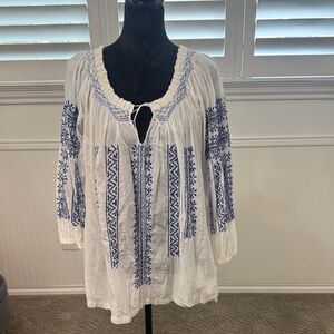 Boho White and Blue Embroidered Blouse